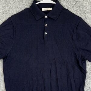 Suitsupply 100% Merino Wool Sweater Polo Mens Large Navy Blue Rugby Short Sleeve